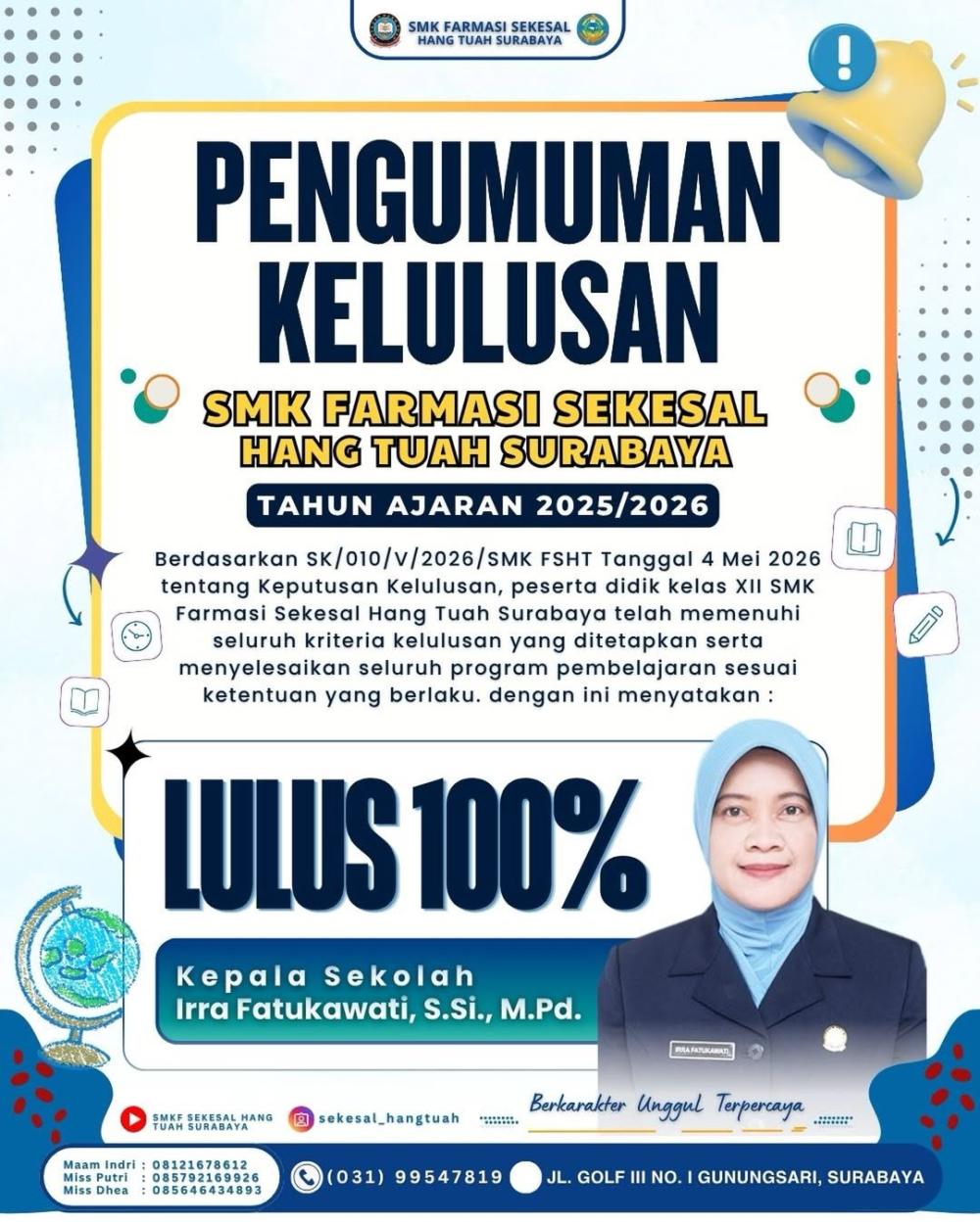 Pengumuman Kelulusan Kelas XII SMK Farmasi Sekesal Hang Tuah Surabaya T.A 2025/2026: Lulus 100%